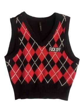 Spencers Bodyrage Argyle V‑Neck Sweater Vest With Bold F Off Patch Size Large